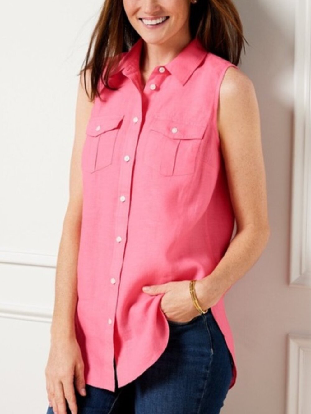 Talbots Pink Sleeveless Button-Down Linen Boyfriend Shirt Sleeveless LP
